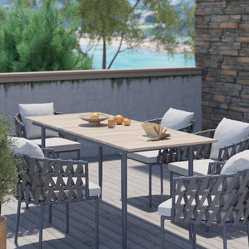 7Pcs Mid Century Modern Aluminum Outdoor Dining Set for 6 with Wood Table Natural & Gray